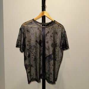 ZARA W&B Sheer Black Space Galaxy Planet Shirt Top Size M Short Sleeve Astronomy